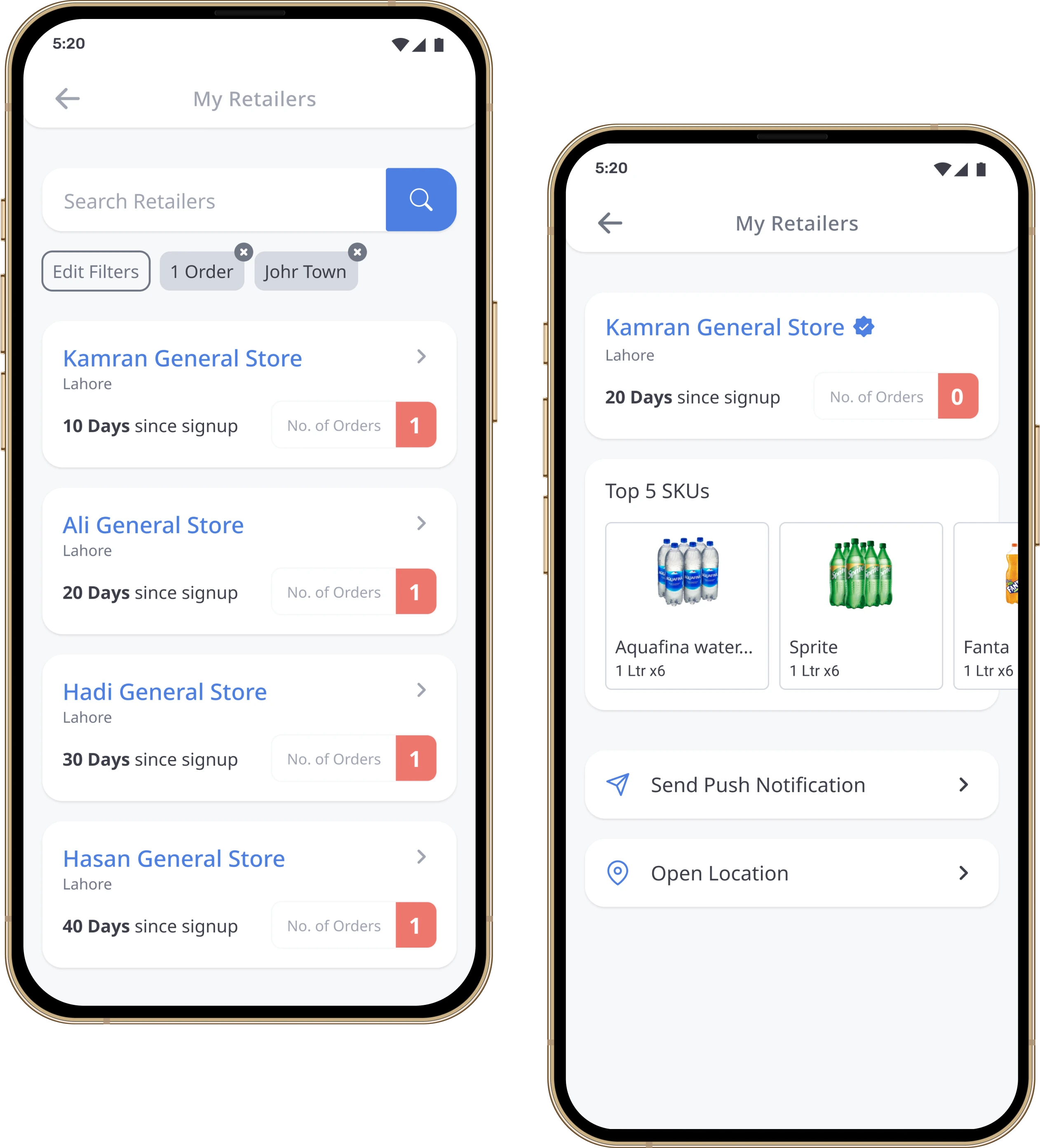 Dastgyr agent app: onboarded retailer list and retailer detail