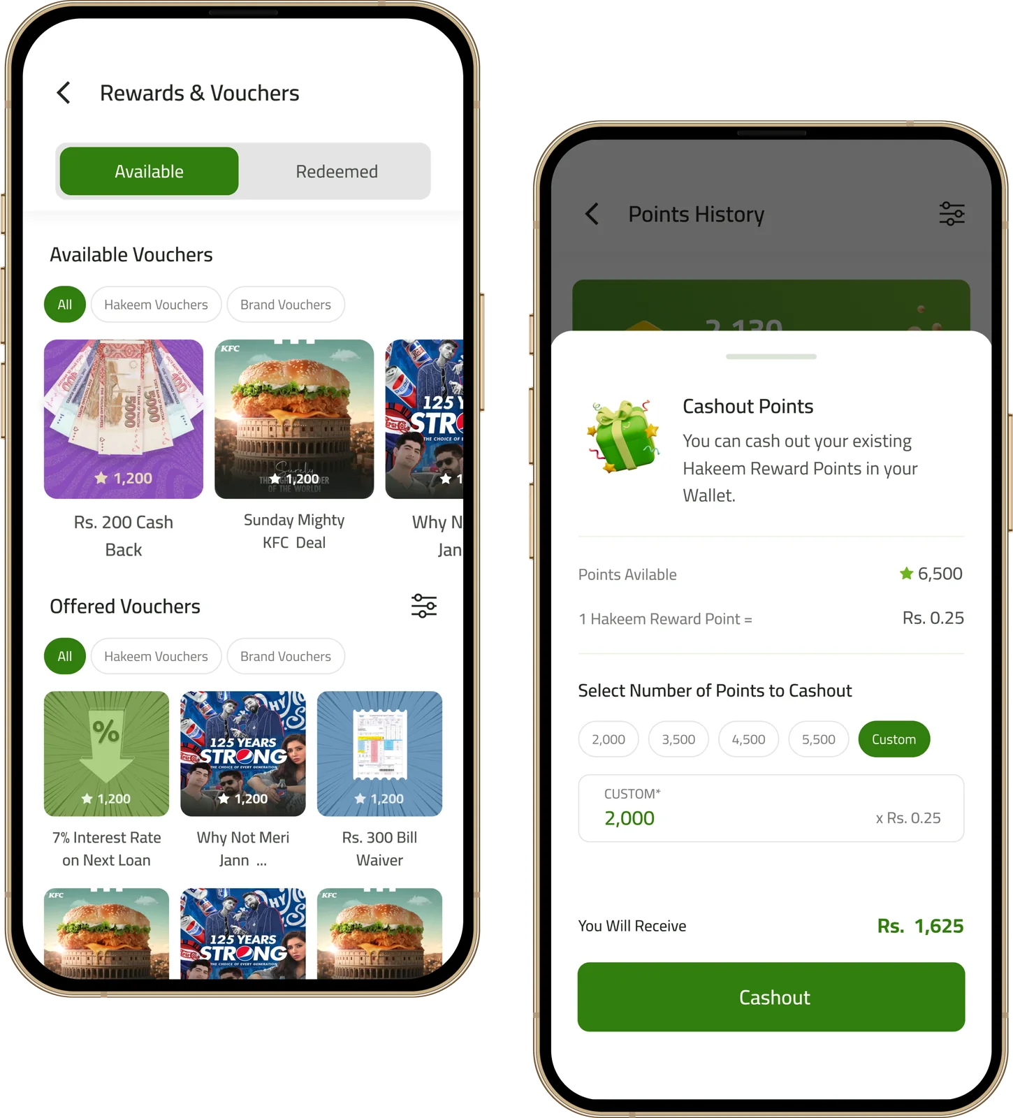 Users can browse Hakeem or third-party vouchers, redeem them, and check their redeemed voucher history. The cash-out screen converts reward points bac…
