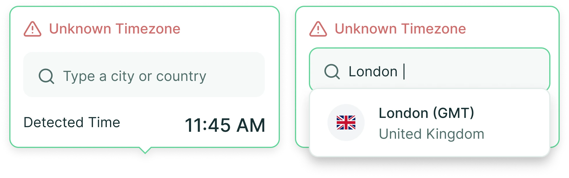 When the source zone is not obvious the tooltip asks rather than guessing. The user picks the city and it resolves from there.