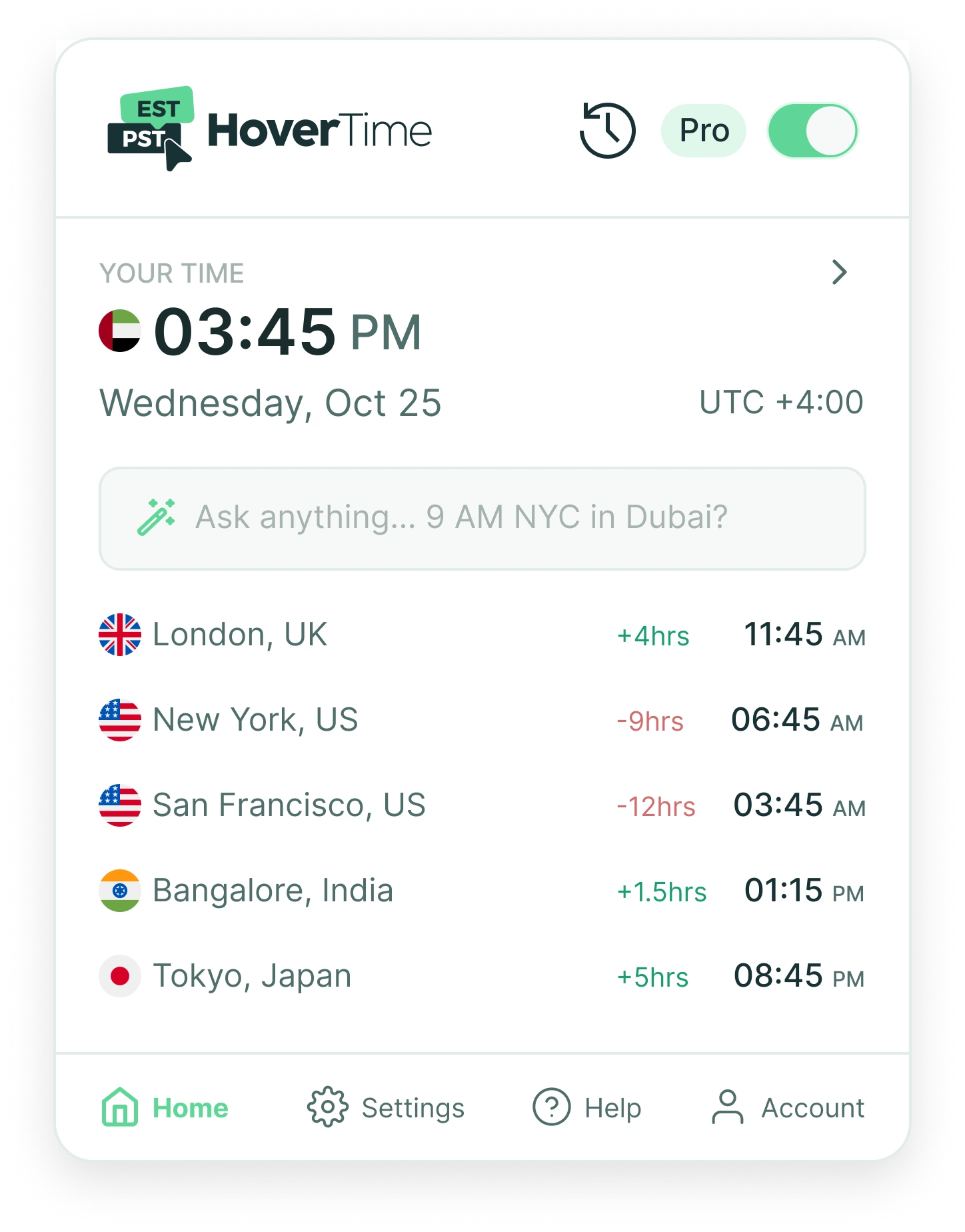 Five cities on one board with offset on, showing both the converted time and the distance from the user&rsquo;s own.