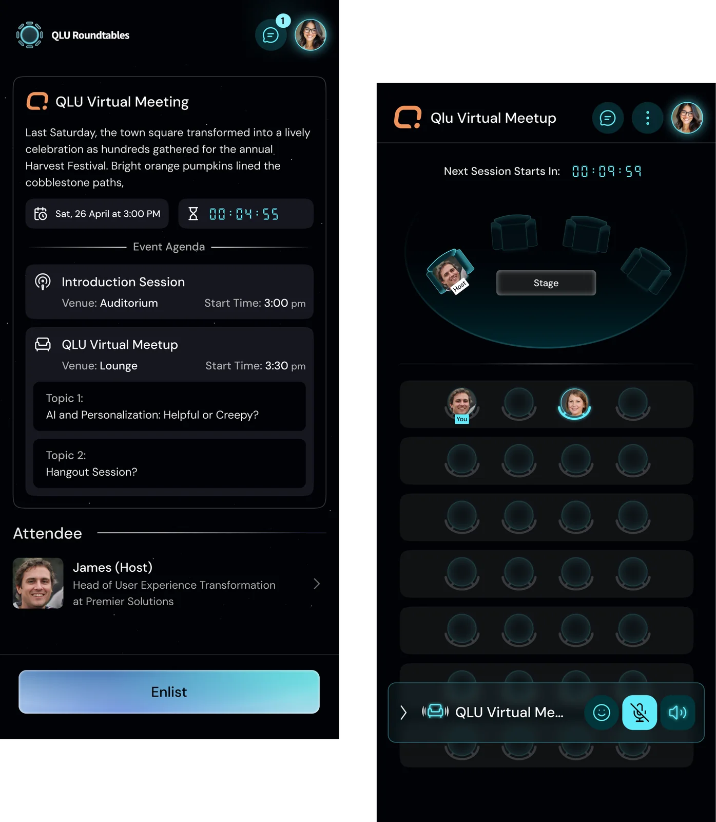 One-tap event enlistment, no video intro, and no eight-step onboarding. At first, users see only Event, Profile and Messaging. The rest of the app unl…