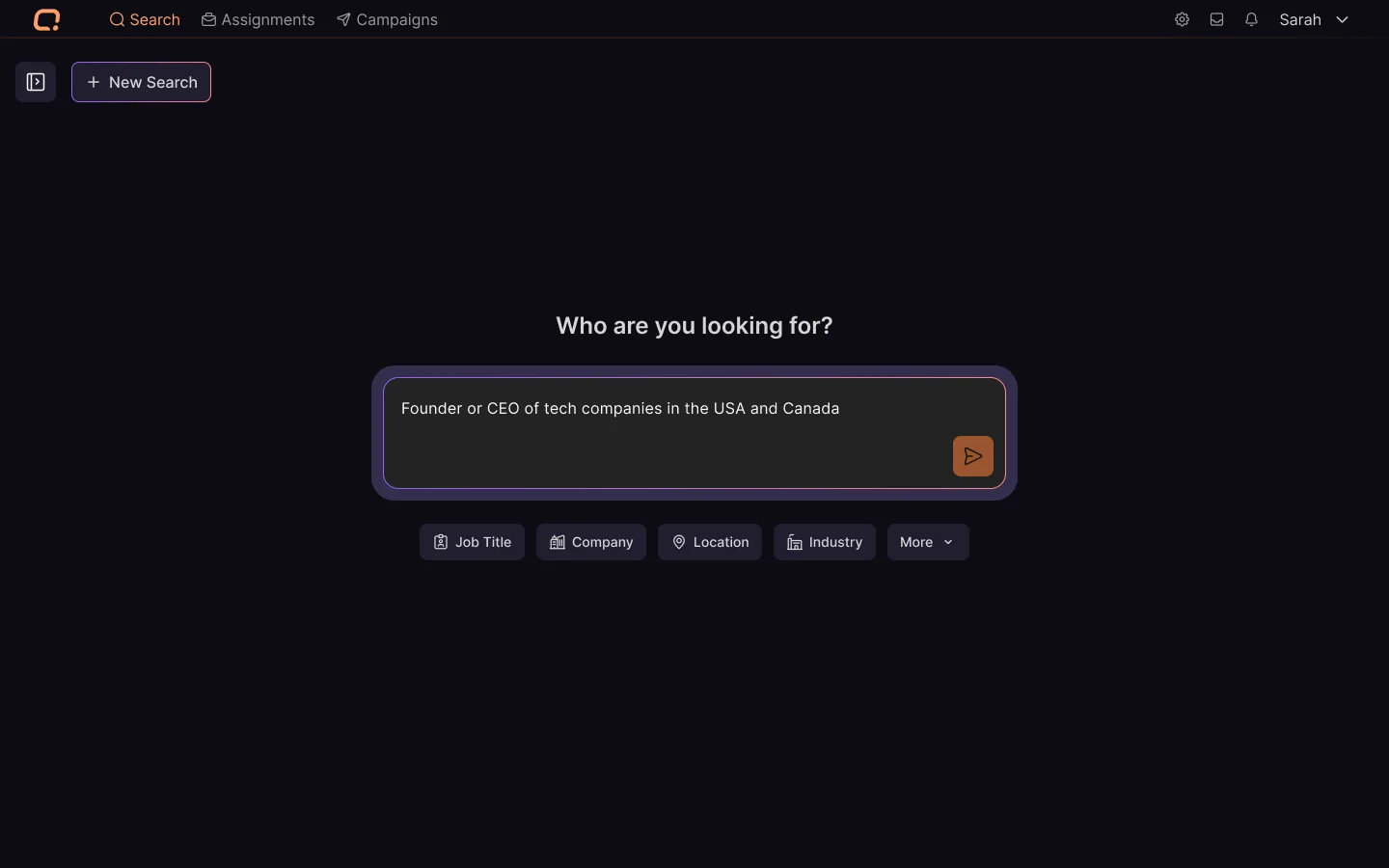 A large, central AI-powered conversational prompt field serves as the default entry point.