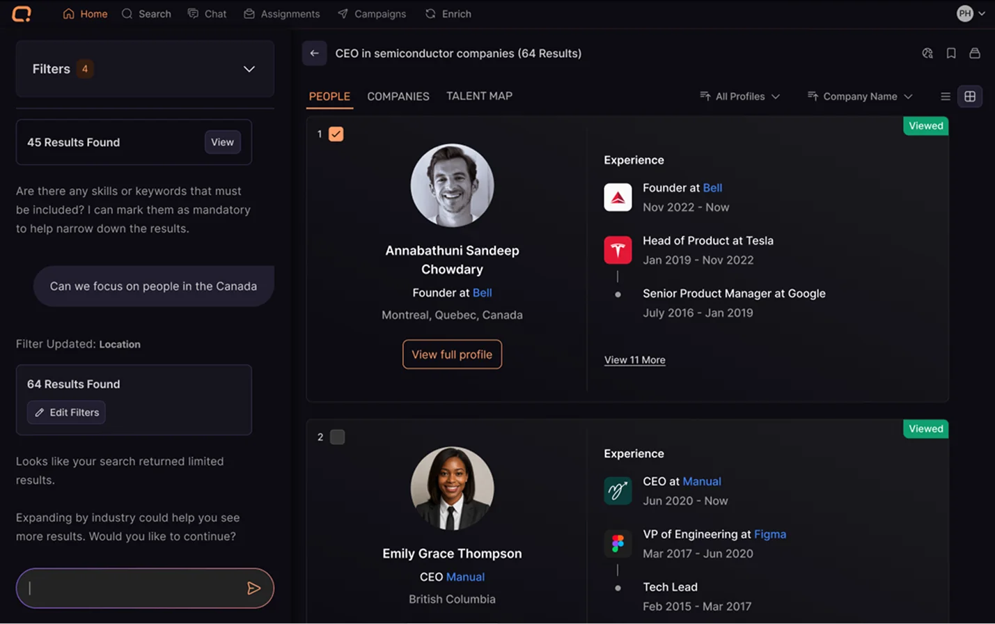 The conversational AI panel stays visible on the left side of the results page. Users can continue refining searches there to get more relevant result…