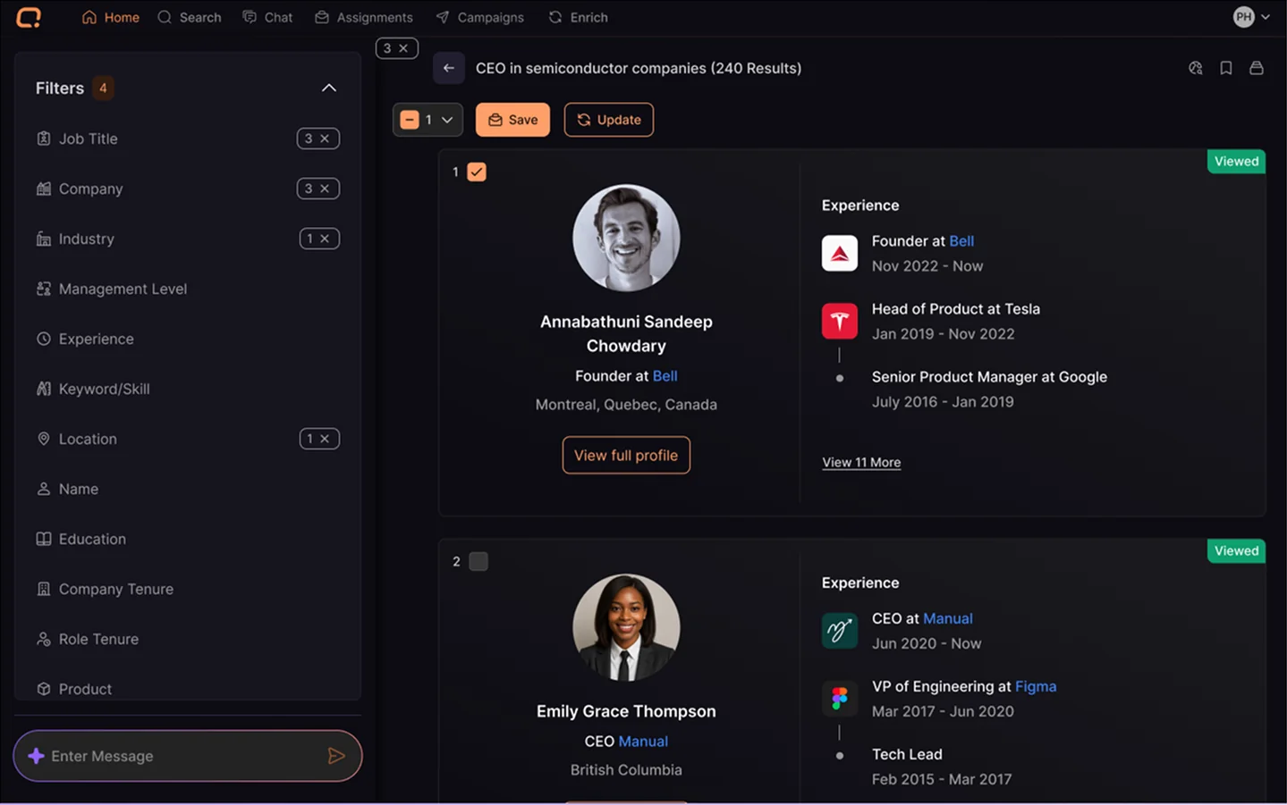 Expert users can expand the filters to adjust results manually. The chat field always remains visible, and clicking it collapses filters so the conver…