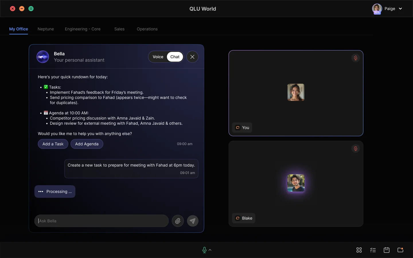 The right side of the office page is a control panel. It shows room participants, limits Bella to chat during meetings, and lets users open Bella-gene…