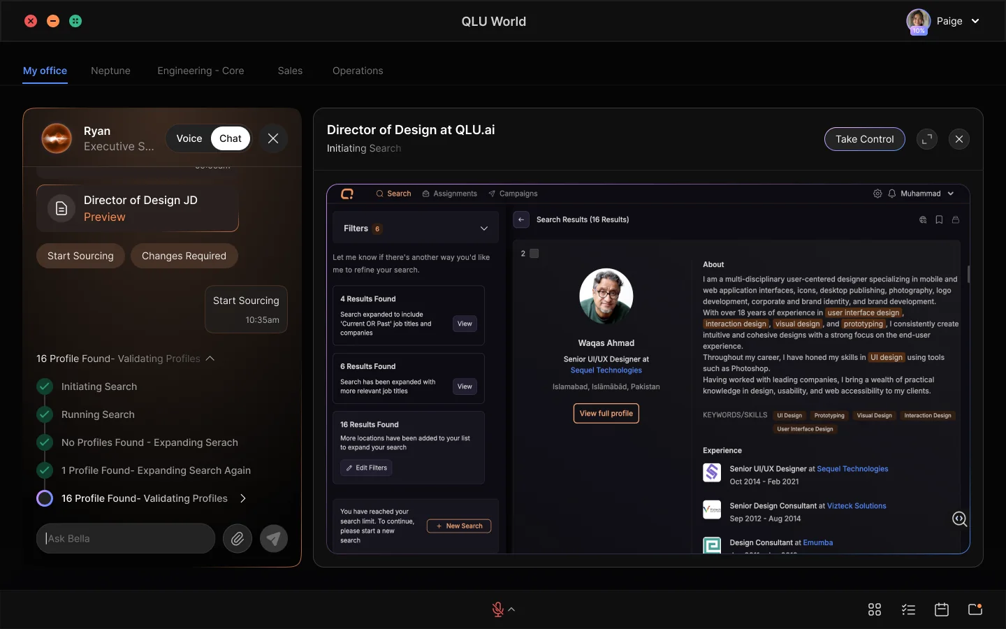 Rayn works like Bella but handles broader, more complex workflows. On this screen he is searching on QLU2. You can track his progress in real time, gi…